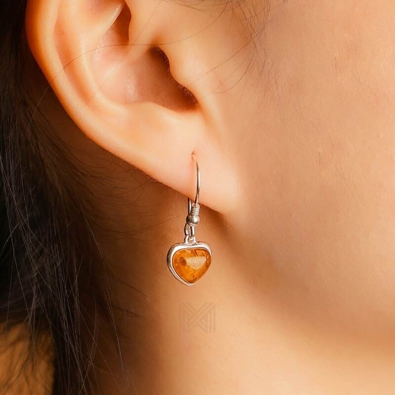 MILLENNE Multifaceted Baltic Amber Heart Silver Hook Earrings with 925 Sterling Silver