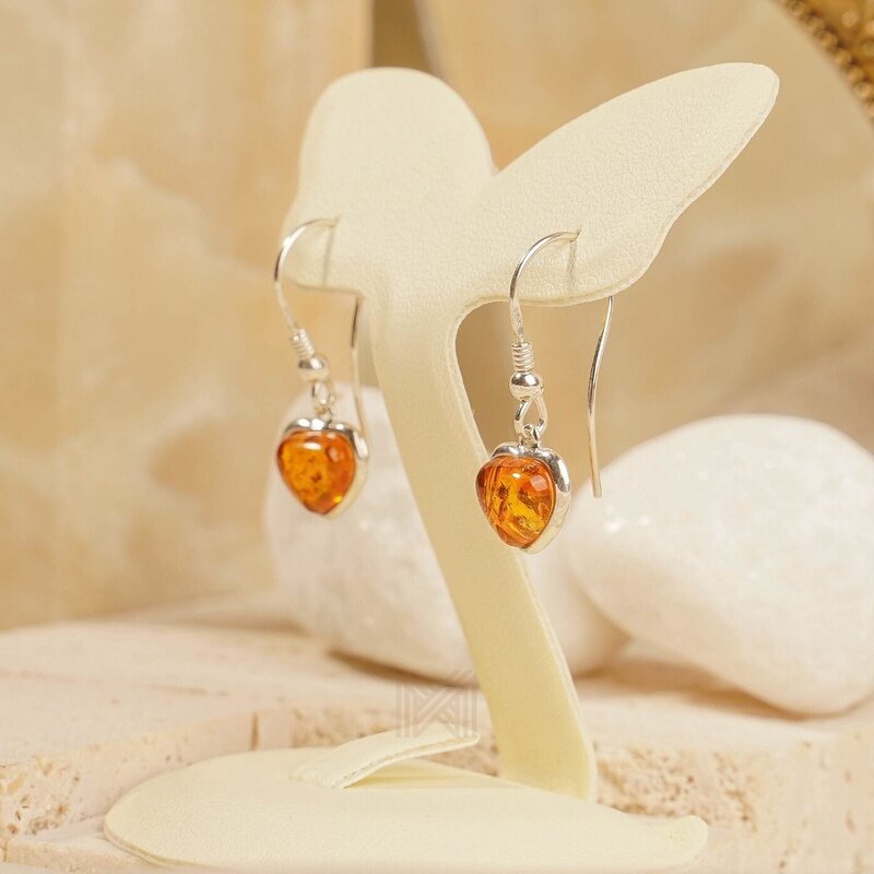 MILLENNE Multifaceted Baltic Amber Heart Silver Hook Earrings with 925 Sterling Silver