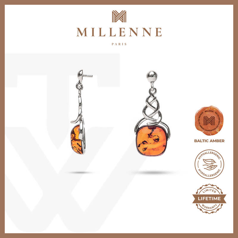 MILLENNE Multifaceted Baltic Amber Twine Silver Drop Earrings with 925 Sterling Silver