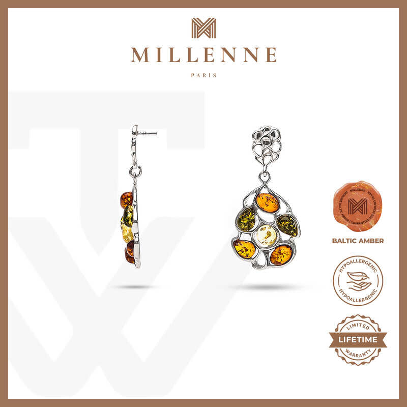 MILLENNE Multifaceted Baltic Amber Pentagon Silver Drop Earrings with 925 Sterling Silver