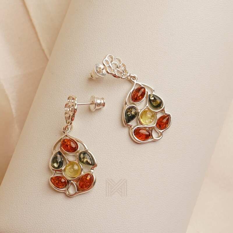 MILLENNE Multifaceted Baltic Amber Pentagon Silver Drop Earrings with 925 Sterling Silver