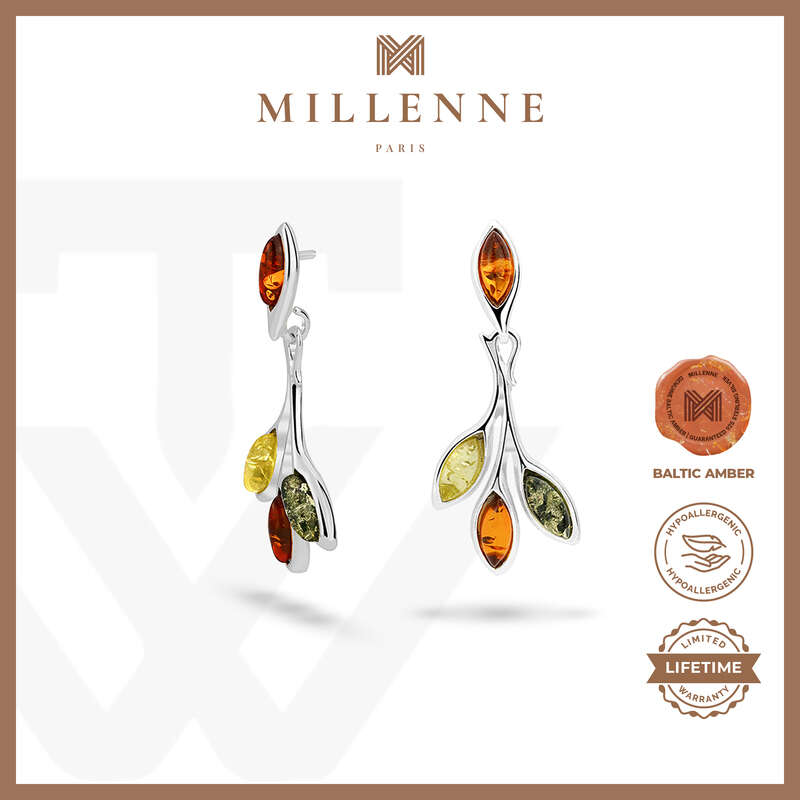 MILLENNE Multifaceted Baltic Amber Branching Leaves Silver Drop Earrings with 925 Sterling Silver