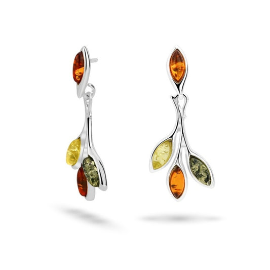 MILLENNE Multifaceted Baltic Amber Branching Leaves Silver Drop Earrings with 925 Sterling Silver