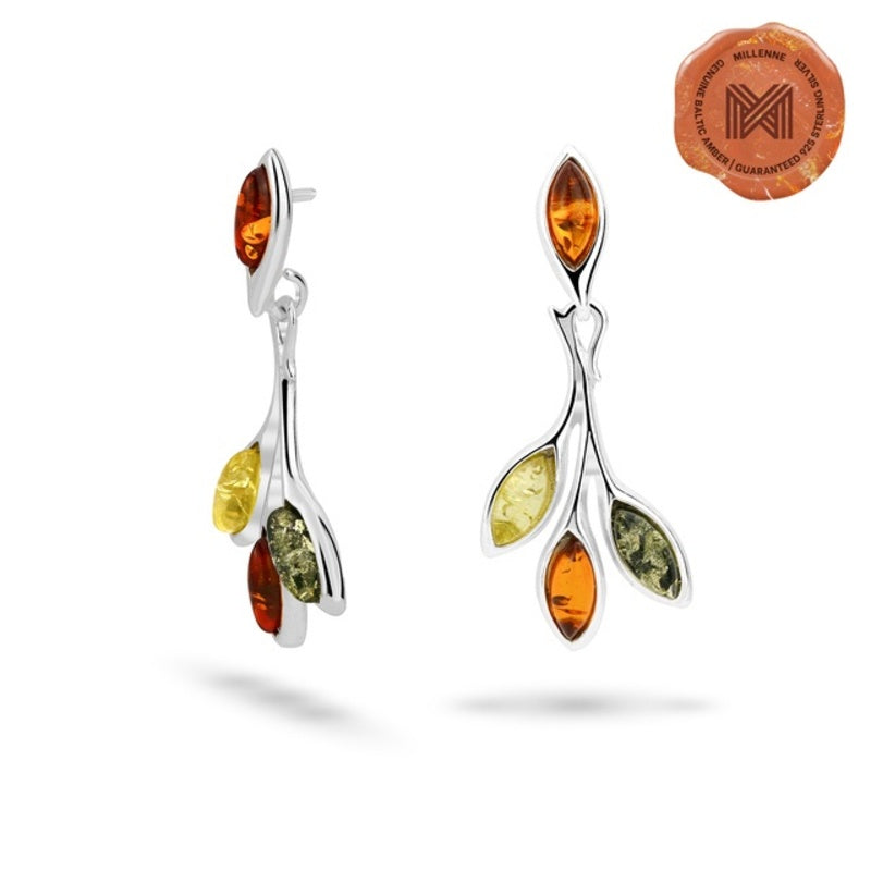 MILLENNE Multifaceted Baltic Amber Branching Leaves Silver Drop Earrings with 925 Sterling Silver