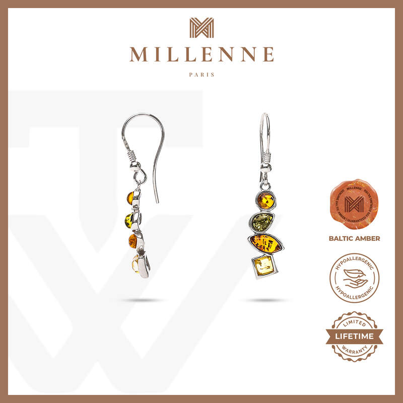 MILLENNE Multifaceted Baltic Amber Rhytymic Silver Dangle Earrings with 925 Sterling Silver