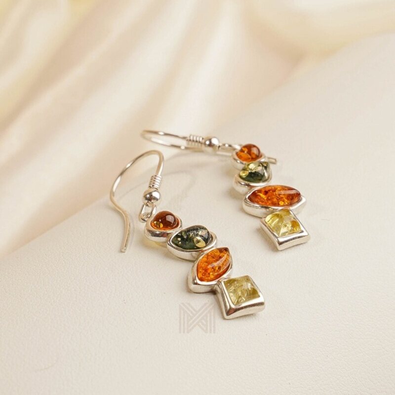 MILLENNE Multifaceted Baltic Amber Rhytymic Silver Dangle Earrings with 925 Sterling Silver