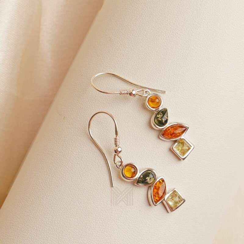 MILLENNE Multifaceted Baltic Amber Rhytymic Silver Dangle Earrings with 925 Sterling Silver