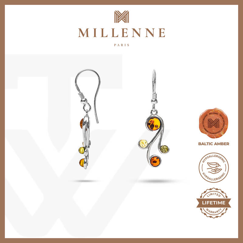 MILLENNE Multifaceted Baltic Amber Curvaceous Silver Dangle Earrings with 925 Sterling Silver