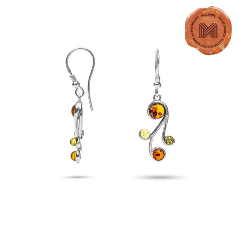 MILLENNE Multifaceted Baltic Amber Curvaceous Silver Dangle Earrings with 925 Sterling Silver