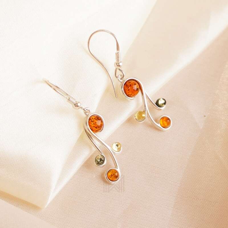 MILLENNE Multifaceted Baltic Amber Curvaceous Silver Dangle Earrings with 925 Sterling Silver