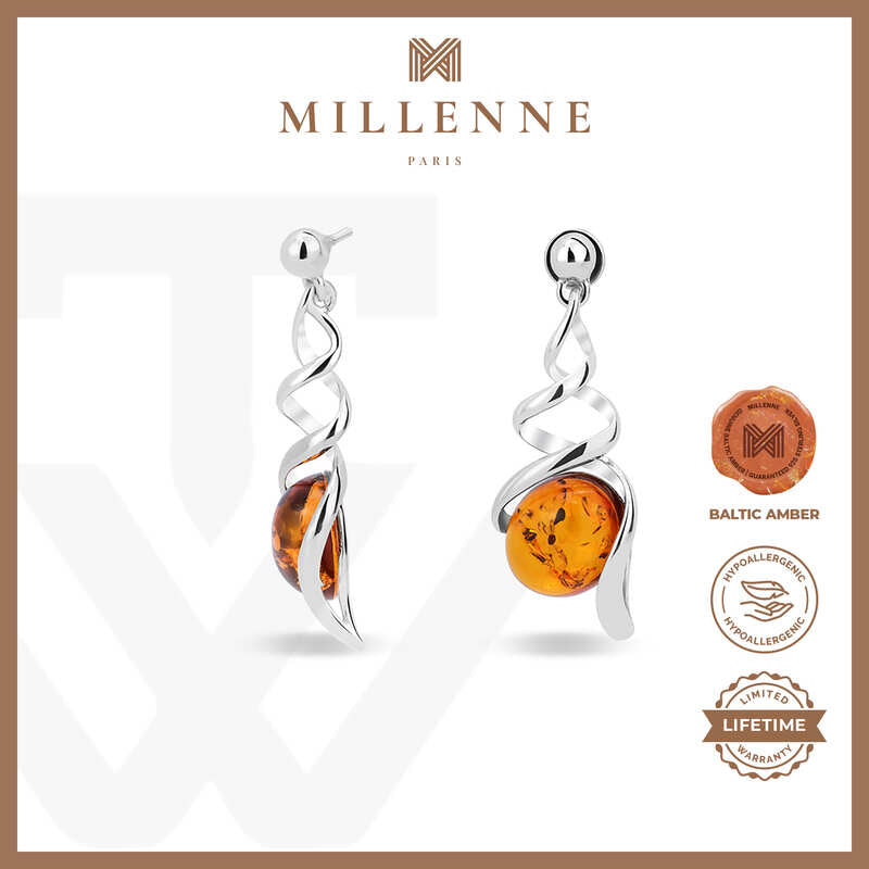 MILLENNE Multifaceted Baltic Amber Spiral Silver Drop Earrings with 925 Sterling Silver