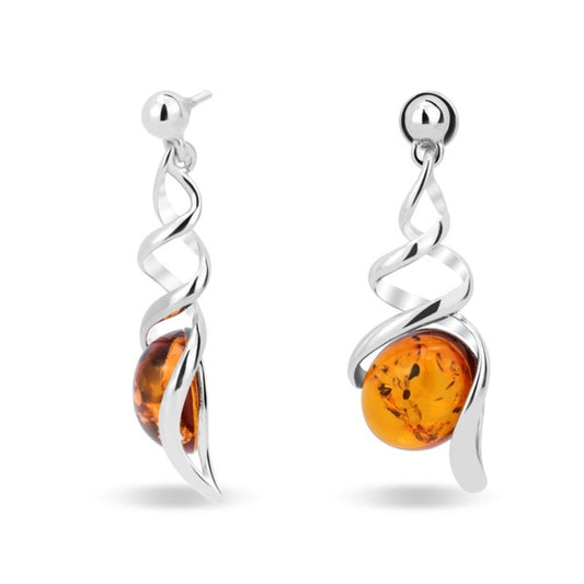 MILLENNE Multifaceted Baltic Amber Spiral Silver Drop Earrings with 925 Sterling Silver