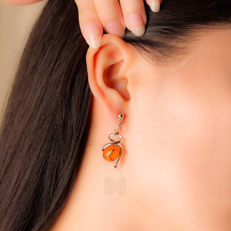 MILLENNE Multifaceted Baltic Amber Spiral Silver Drop Earrings with 925 Sterling Silver