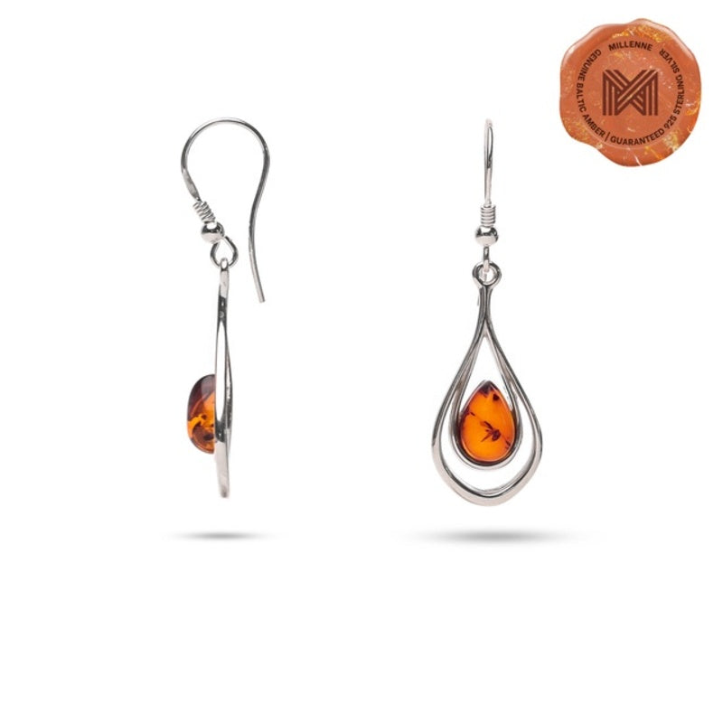 MILLENNE Multifaceted Baltic Amber Nested Drop Silver Hook Earrings with 925 Sterling Silver