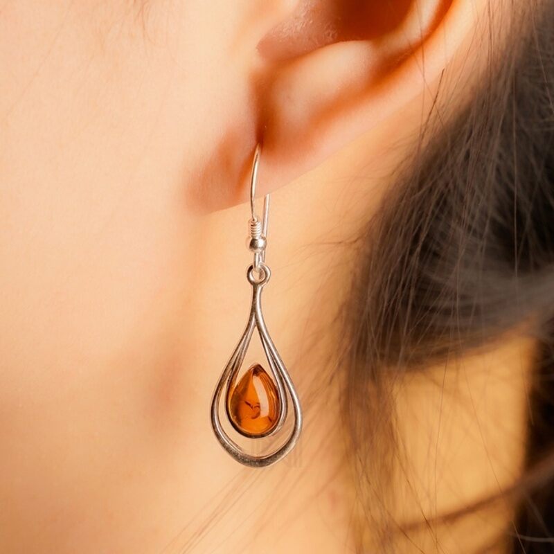 MILLENNE Multifaceted Baltic Amber Nested Drop Silver Hook Earrings with 925 Sterling Silver