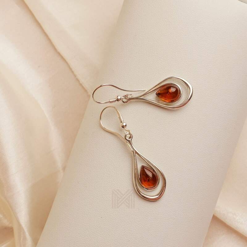 MILLENNE Multifaceted Baltic Amber Nested Drop Silver Hook Earrings with 925 Sterling Silver