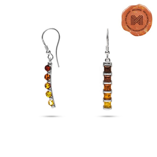 MILLENNE Multifaceted Baltic Amber Bamboo Silver Dangle Earrings with 925 Sterling Silver