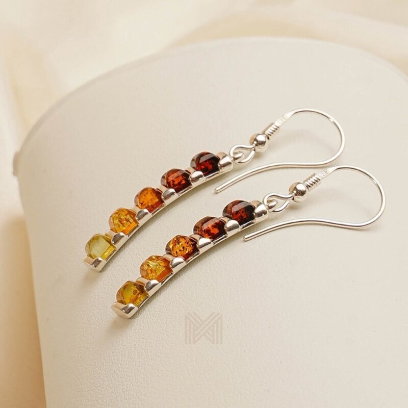 MILLENNE Multifaceted Baltic Amber Bamboo Silver Dangle Earrings with 925 Sterling Silver