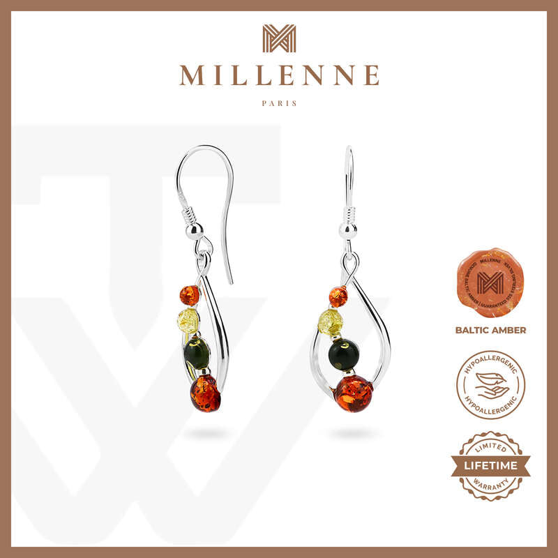 MILLENNE Multifaceted Baltic Amber Curved Oval Silver Teardrop Earrings with 925 Sterling Silver