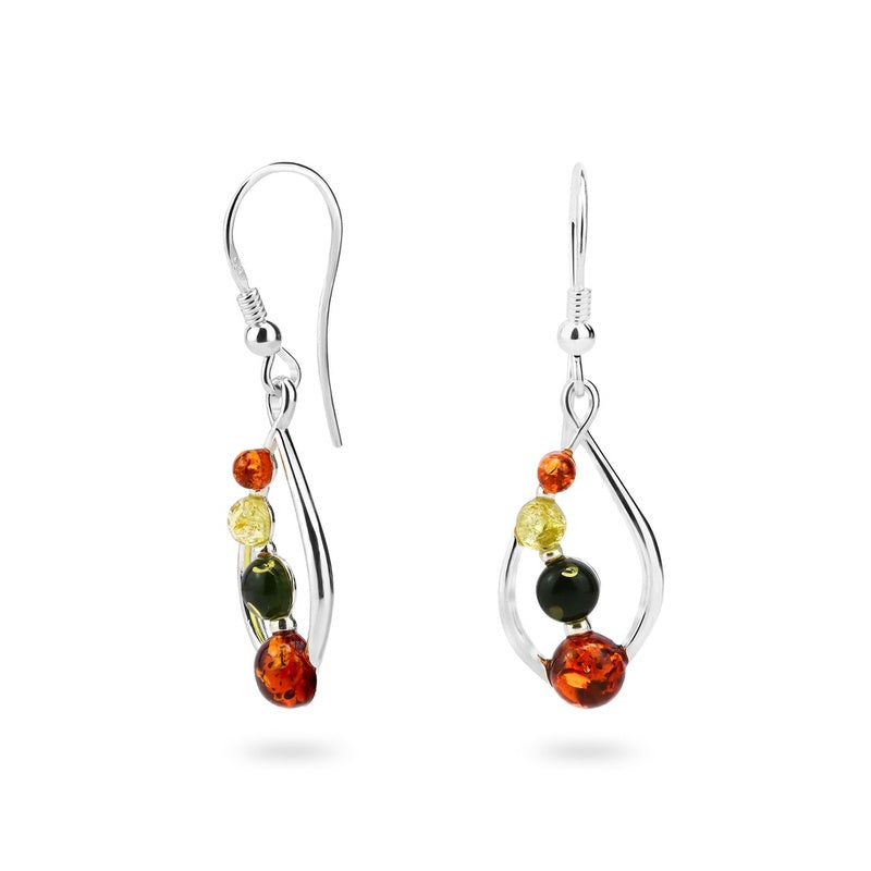 MILLENNE Multifaceted Baltic Amber Curved Oval Silver Teardrop Earrings with 925 Sterling Silver