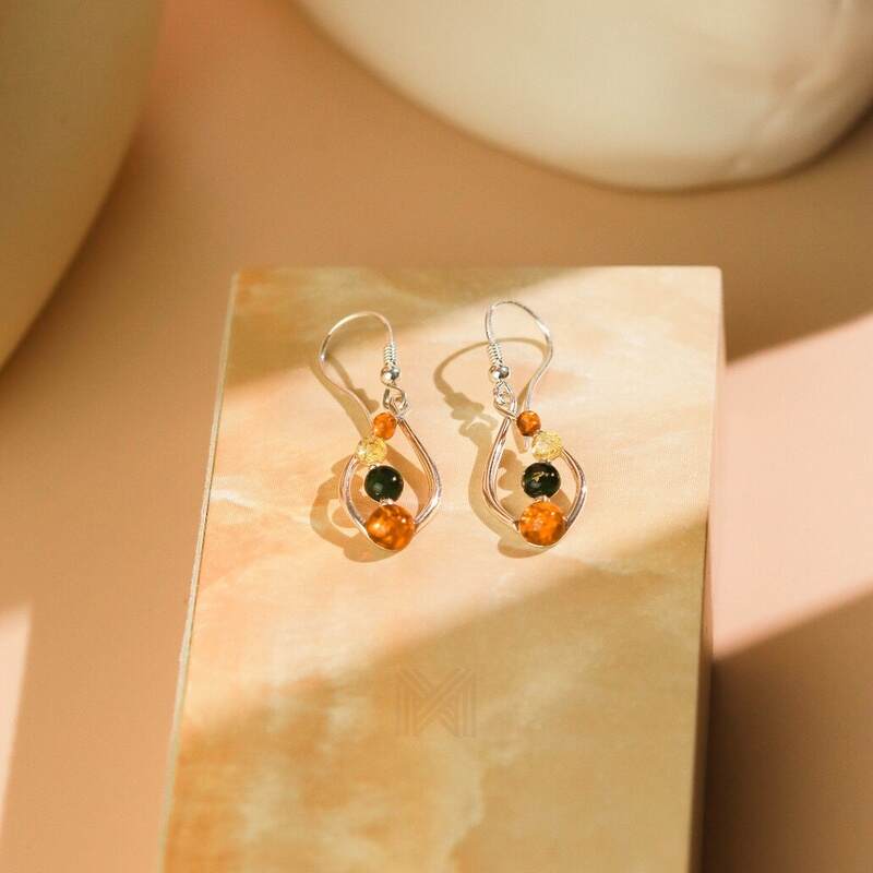 MILLENNE Multifaceted Baltic Amber Curved Oval Silver Teardrop Earrings with 925 Sterling Silver