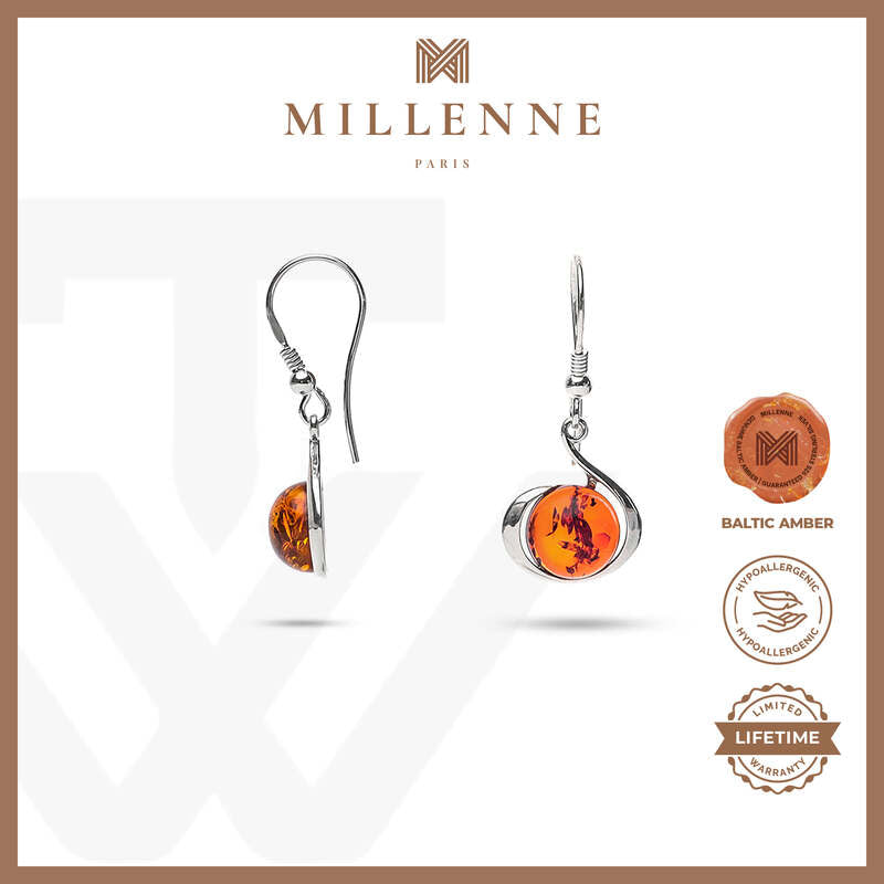 MILLENNE Multifaceted Baltic Amber Globe Disc Silver Hook Earrings with 925 Sterling Silver