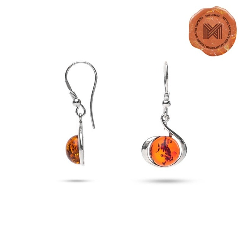 MILLENNE Multifaceted Baltic Amber Globe Disc Silver Hook Earrings with 925 Sterling Silver