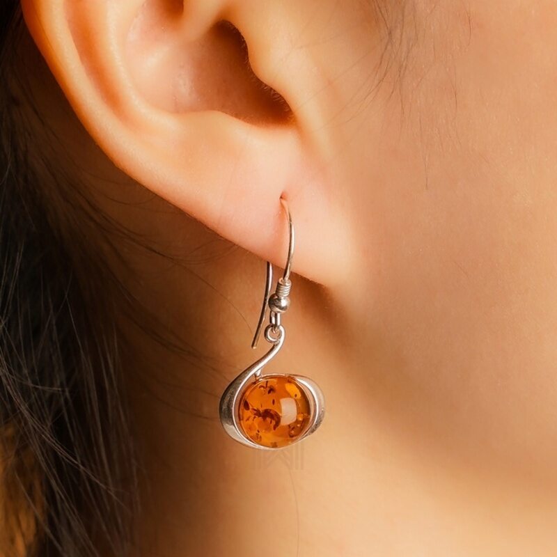 MILLENNE Multifaceted Baltic Amber Globe Disc Silver Hook Earrings with 925 Sterling Silver