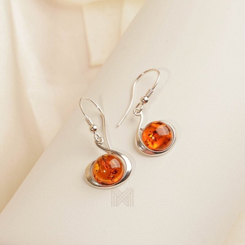 MILLENNE Multifaceted Baltic Amber Globe Disc Silver Hook Earrings with 925 Sterling Silver