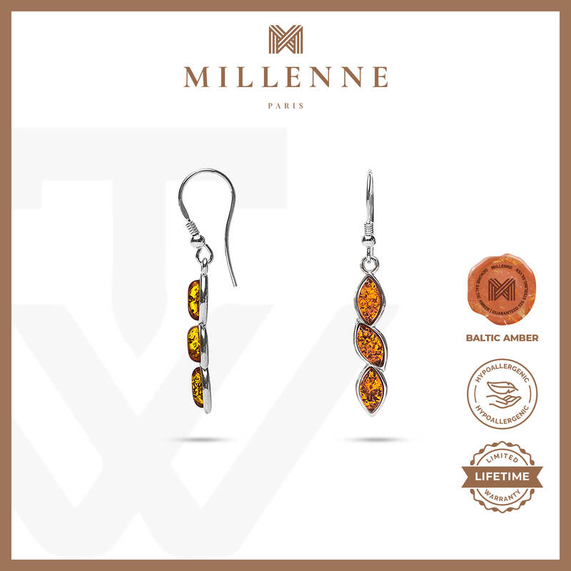 MILLENNE Multifaceted Baltic Amber Nested Drop Silver Dangle Earrings with 925 Sterling Silver