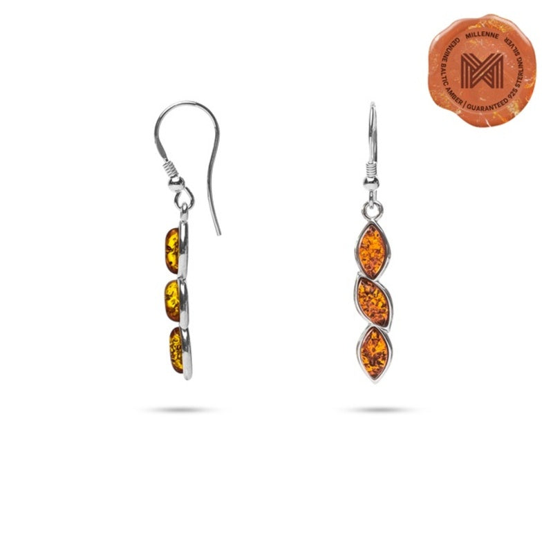 MILLENNE Multifaceted Baltic Amber Nested Drop Silver Dangle Earrings with 925 Sterling Silver