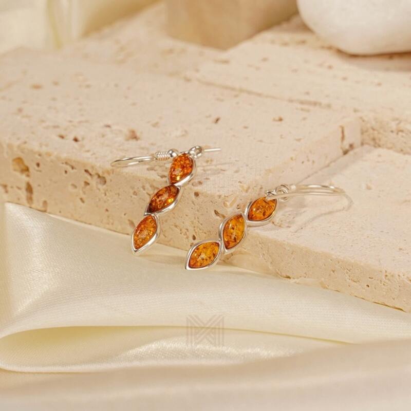 MILLENNE Multifaceted Baltic Amber Nested Drop Silver Dangle Earrings with 925 Sterling Silver