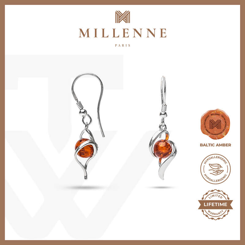 MILLENNE Multifaceted Baltic Amber Shell Encapsuled Silver Hook Earrings with 925 Sterling Silver