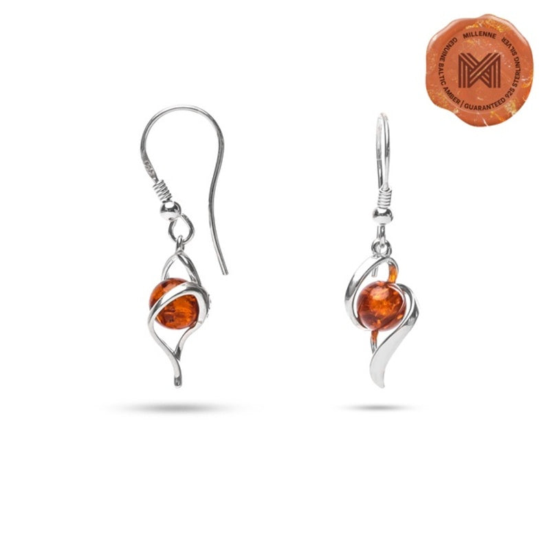 MILLENNE Multifaceted Baltic Amber Shell Encapsuled Silver Hook Earrings with 925 Sterling Silver