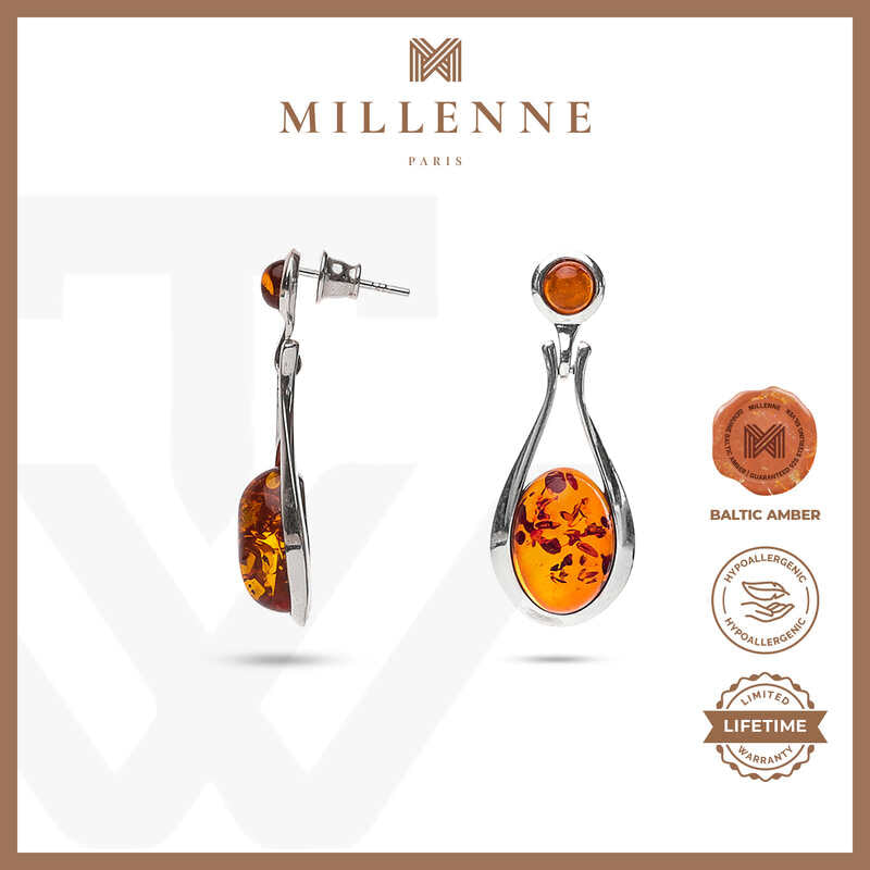 MILLENNE Multifaceted Baltic Amber Dew Drop Silver Teardrop Earrings with 925 Sterling Silver