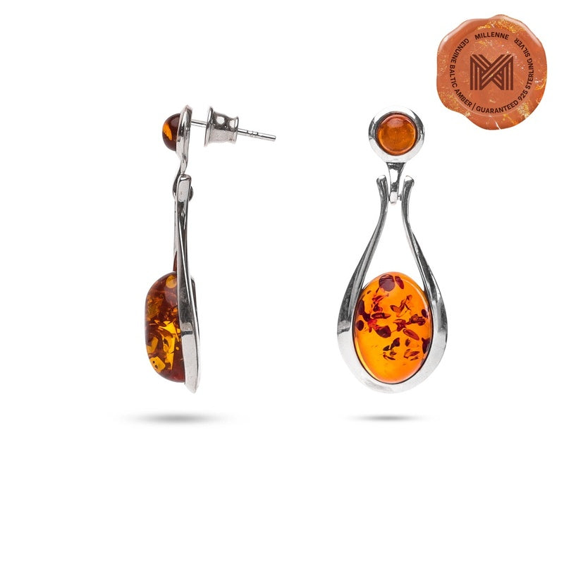 MILLENNE Multifaceted Baltic Amber Dew Drop Silver Teardrop Earrings with 925 Sterling Silver