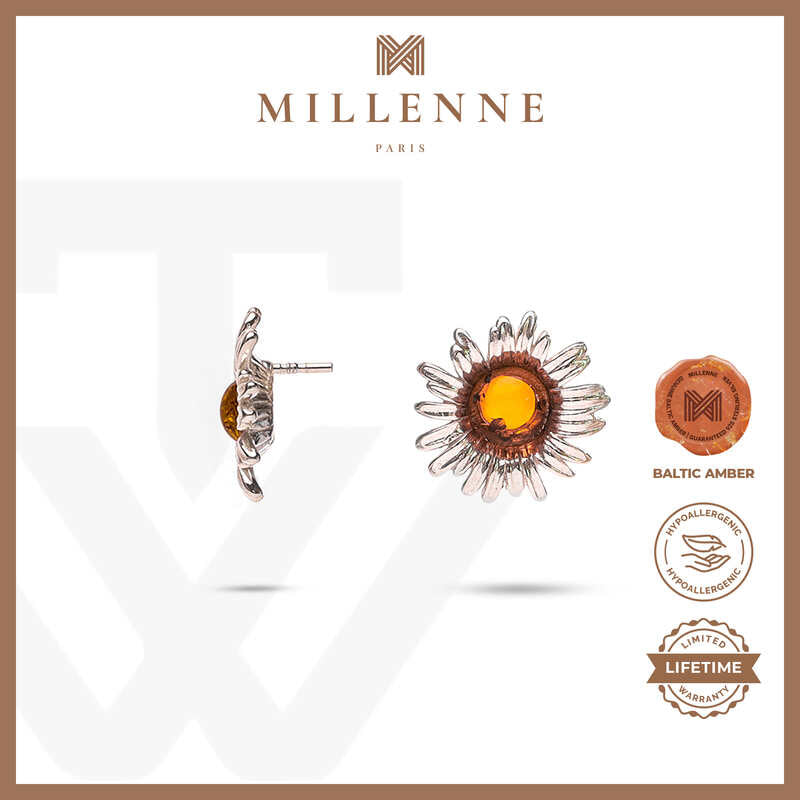 MILLENNE Multifaceted Baltic Amber Daisy Silver Stud Earrings with 925 Sterling Silver