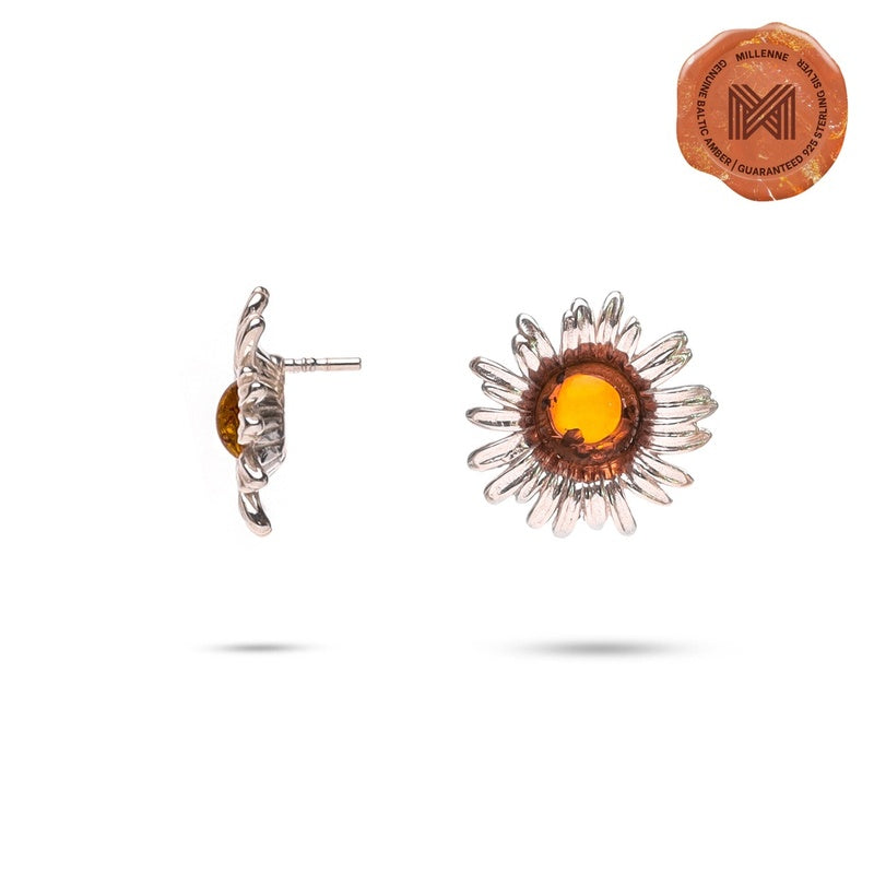 MILLENNE Multifaceted Baltic Amber Daisy Silver Stud Earrings with 925 Sterling Silver