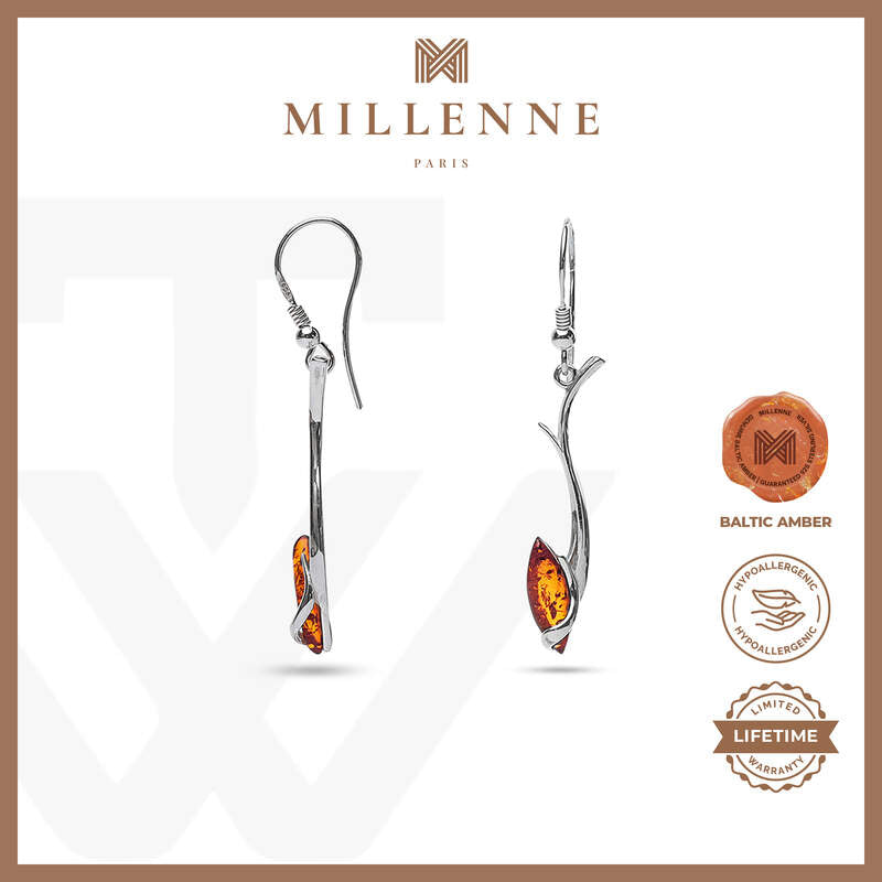 MILLENNE Multifaceted Baltic Amber Droplet Silver Hook Earrings with 925 Sterling Silver