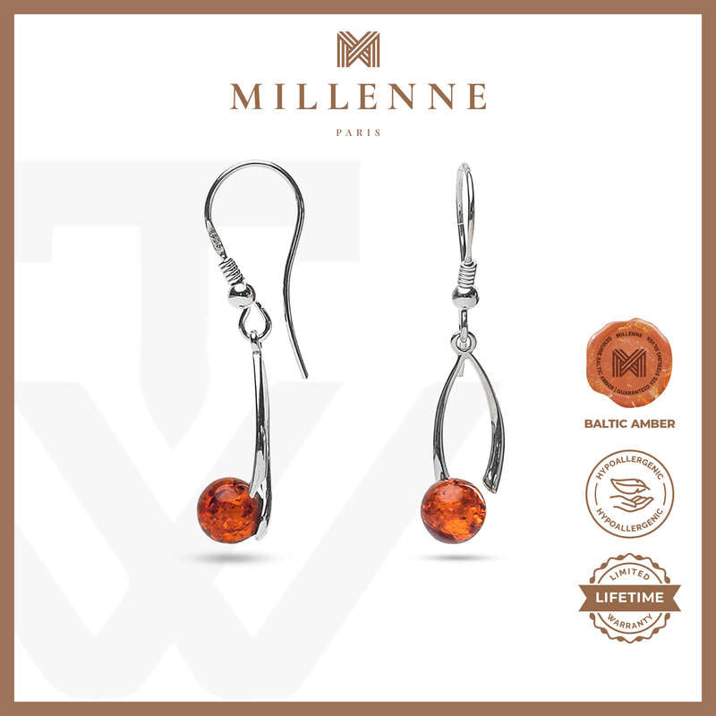 MILLENNE Multifaceted Baltic Amber Spheroid Silver Hook Earrings with 925 Sterling Silver