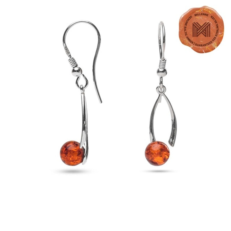 MILLENNE Multifaceted Baltic Amber Spheroid Silver Hook Earrings with 925 Sterling Silver