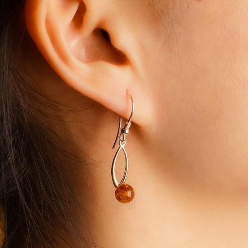 MILLENNE Multifaceted Baltic Amber Spheroid Silver Hook Earrings with 925 Sterling Silver