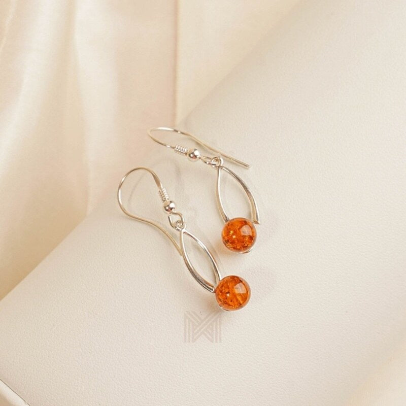 MILLENNE Multifaceted Baltic Amber Spheroid Silver Hook Earrings with 925 Sterling Silver