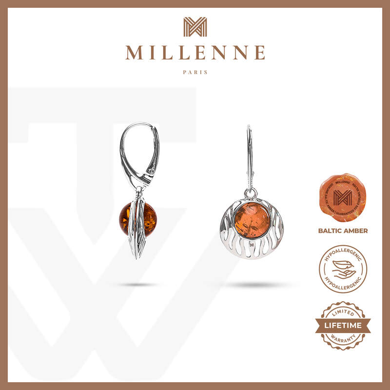 MILLENNE Multifaceted Baltic Amber Fringe Caged Silver Earrings with 925 Sterling Silver