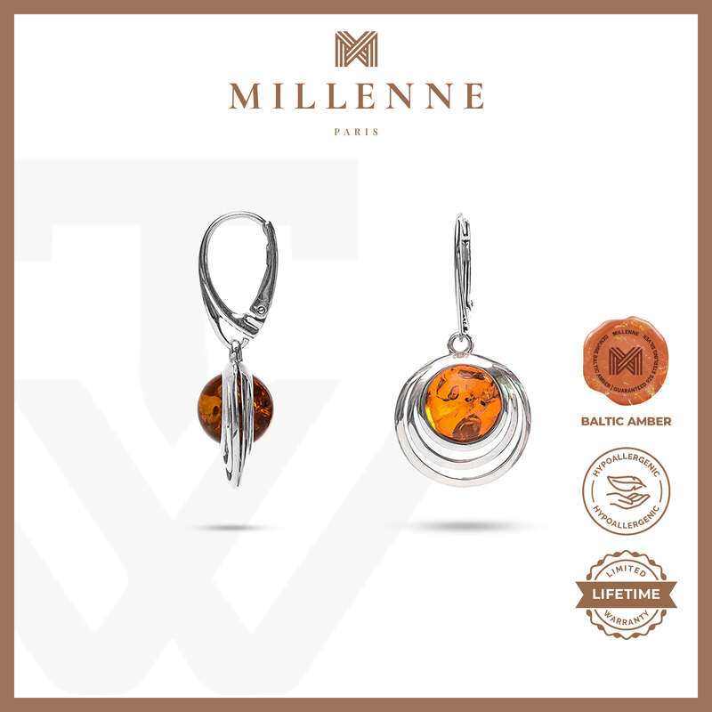 MILLENNE Multifaceted Baltic Amber Srtipe Caged Silver Earrings with 925 Sterling Silver