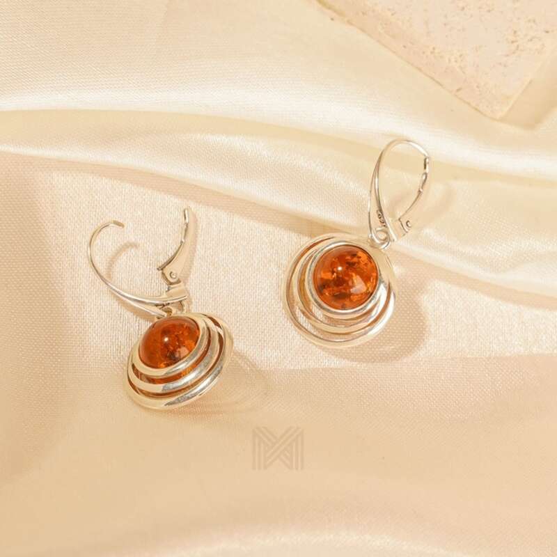 MILLENNE Multifaceted Baltic Amber Srtipe Caged Silver Earrings with 925 Sterling Silver