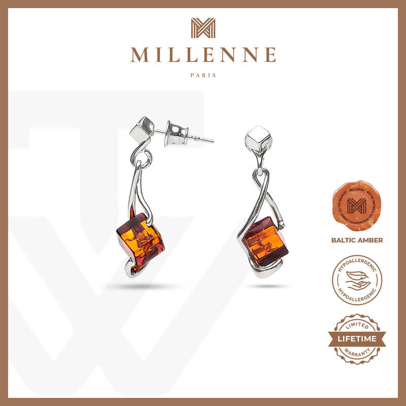 MILLENNE Multifaceted Baltic Amber Cuboid Silver Earrings with 925 Sterling Silver