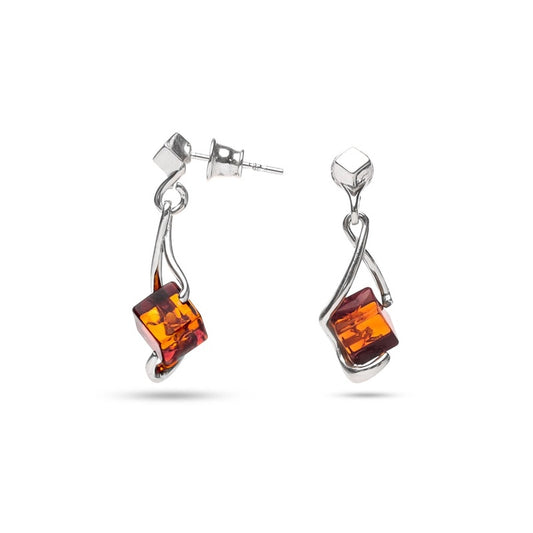 MILLENNE Multifaceted Baltic Amber Cuboid Silver Earrings with 925 Sterling Silver