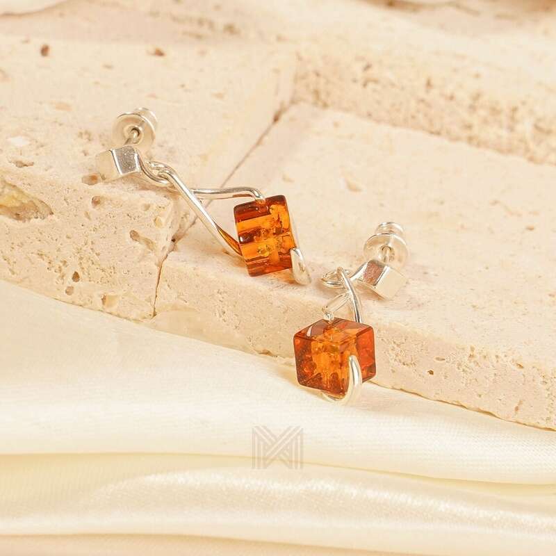 MILLENNE Multifaceted Baltic Amber Cuboid Silver Earrings with 925 Sterling Silver