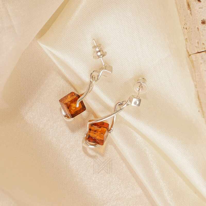 MILLENNE Multifaceted Baltic Amber Cuboid Silver Earrings with 925 Sterling Silver